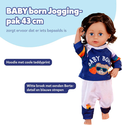 BABY born joggingpak - Met marineblauwe hoodie incl. teddyprint & grijze broek - Hoogwaardige poppenaccessoires - Kleding geschikt voor poppen van 43 cm