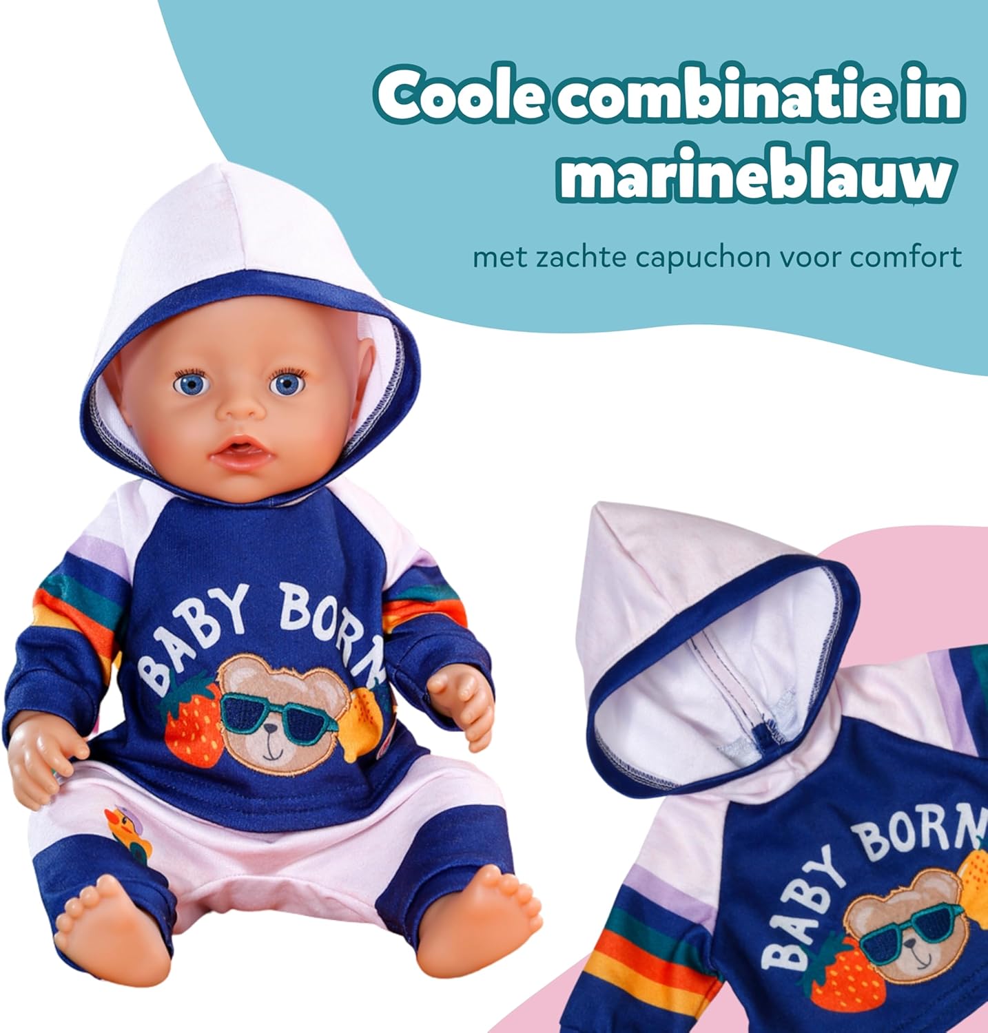 BABY born joggingpak - Met marineblauwe hoodie incl. teddyprint & grijze broek - Hoogwaardige poppenaccessoires - Kleding geschikt voor poppen van 43 cm