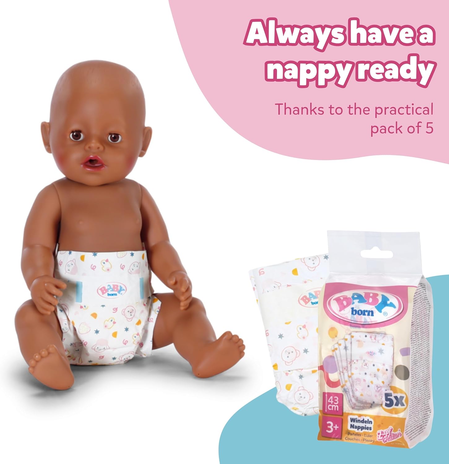 BABY born Nappies 5-Pack, Cute Nappy That Fits Dolls Up to 43cm, 838358 Zapf Creation, Pink