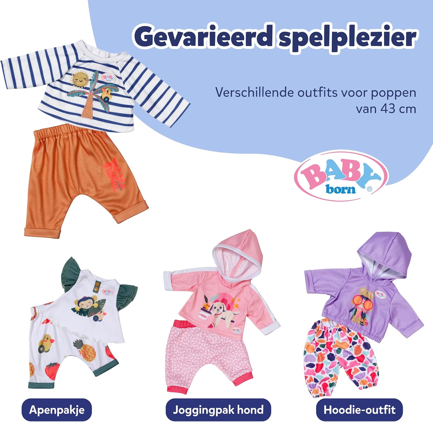 BABY born palmboom outfit met gestreept shirt met lange mouwen en palmboommotief & joggingbroek - Hoogwaardige poppenaccessoires - Kleding geschikt voor 43 cm poppen