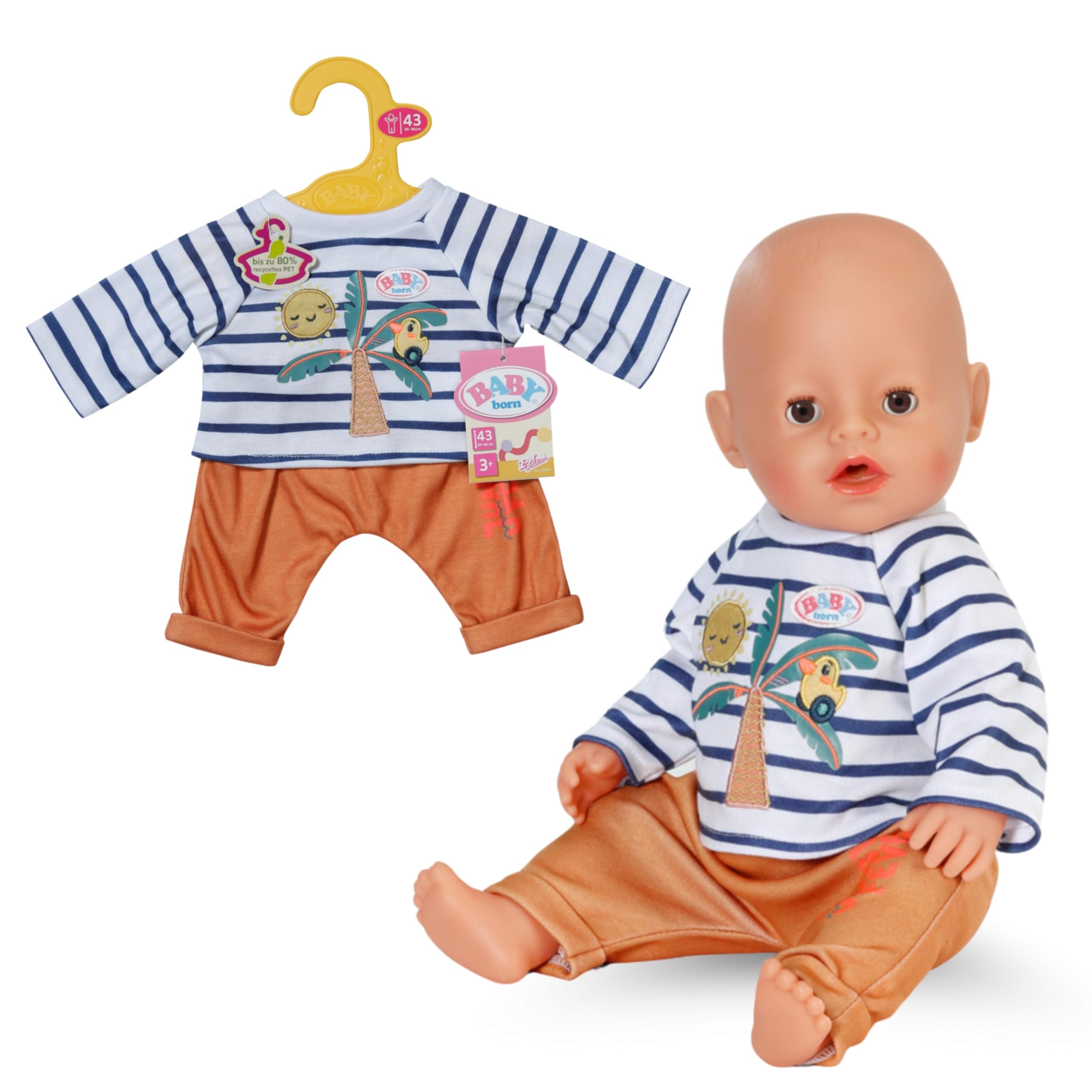 BABY born palmboom outfit met gestreept shirt met lange mouwen en palmboommotief & joggingbroek - Hoogwaardige poppenaccessoires - Kleding geschikt voor 43 cm poppen