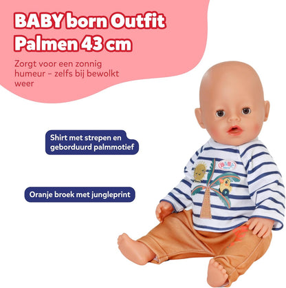 BABY born palmboom outfit met gestreept shirt met lange mouwen en palmboommotief & joggingbroek - Hoogwaardige poppenaccessoires - Kleding geschikt voor 43 cm poppen