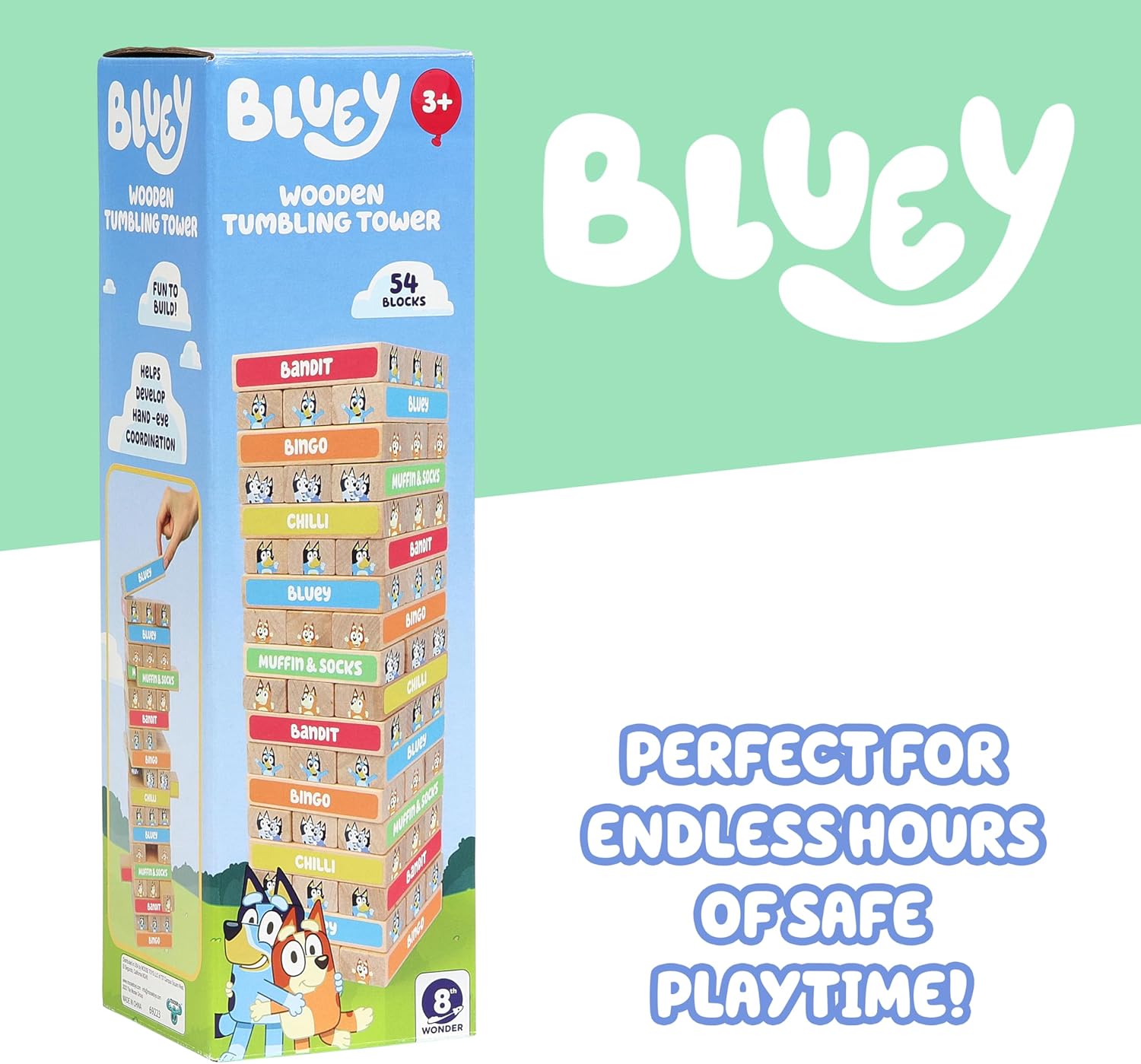 BLUEY Tumbling Tower, 54 kleurrijke houten blokken, leuk familiespel voor hand-oogcoördinatie en motoriek, FSC-gecertificeerd voor kinderen vanaf 3 jaar