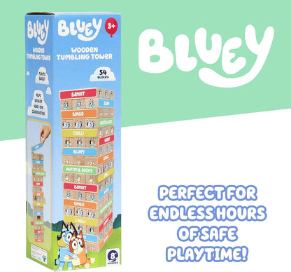 BLUEY Tumbling Tower, 54 kleurrijke houten blokken, leuk familiespel voor hand-oogcoördinatie en motoriek, FSC-gecertificeerd voor kinderen vanaf 3 jaar