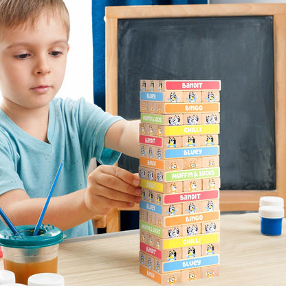 BLUEY Tumbling Tower, 54 kleurrijke houten blokken, leuk familiespel voor hand-oogcoördinatie en motoriek, FSC-gecertificeerd voor kinderen vanaf 3 jaar