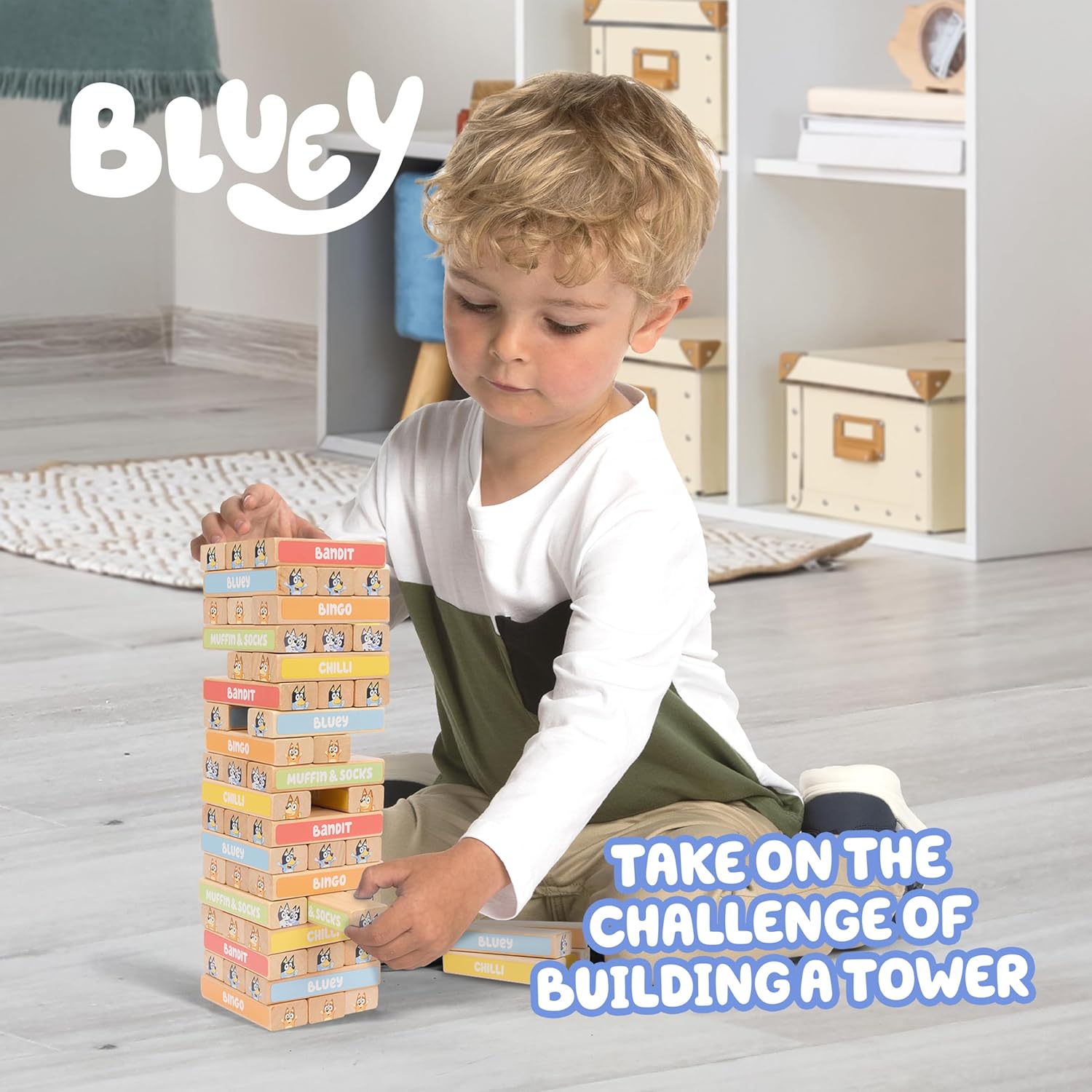 BLUEY Tumbling Tower, 54 kleurrijke houten blokken, leuk familiespel voor hand-oogcoördinatie en motoriek, FSC-gecertificeerd voor kinderen vanaf 3 jaar