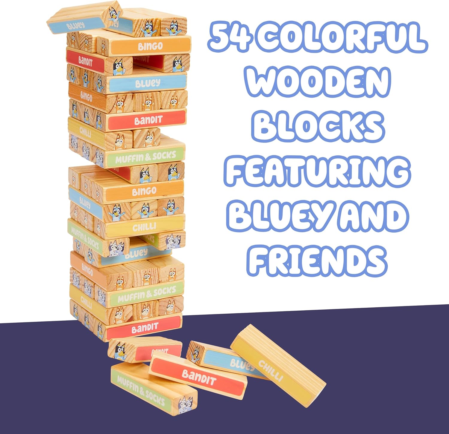 BLUEY Tumbling Tower, 54 kleurrijke houten blokken, leuk familiespel voor hand-oogcoördinatie en motoriek, FSC-gecertificeerd voor kinderen vanaf 3 jaar