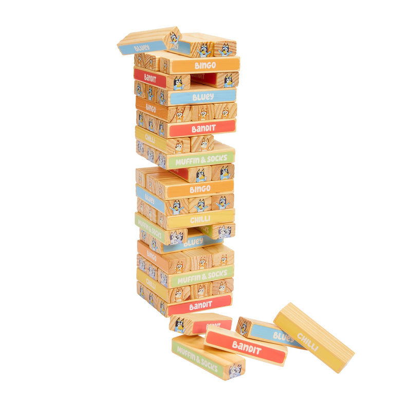 BLUEY Tumbling Tower, 54 kleurrijke houten blokken, leuk familiespel voor hand-oogcoördinatie en motoriek, FSC-gecertificeerd voor kinderen vanaf 3 jaar