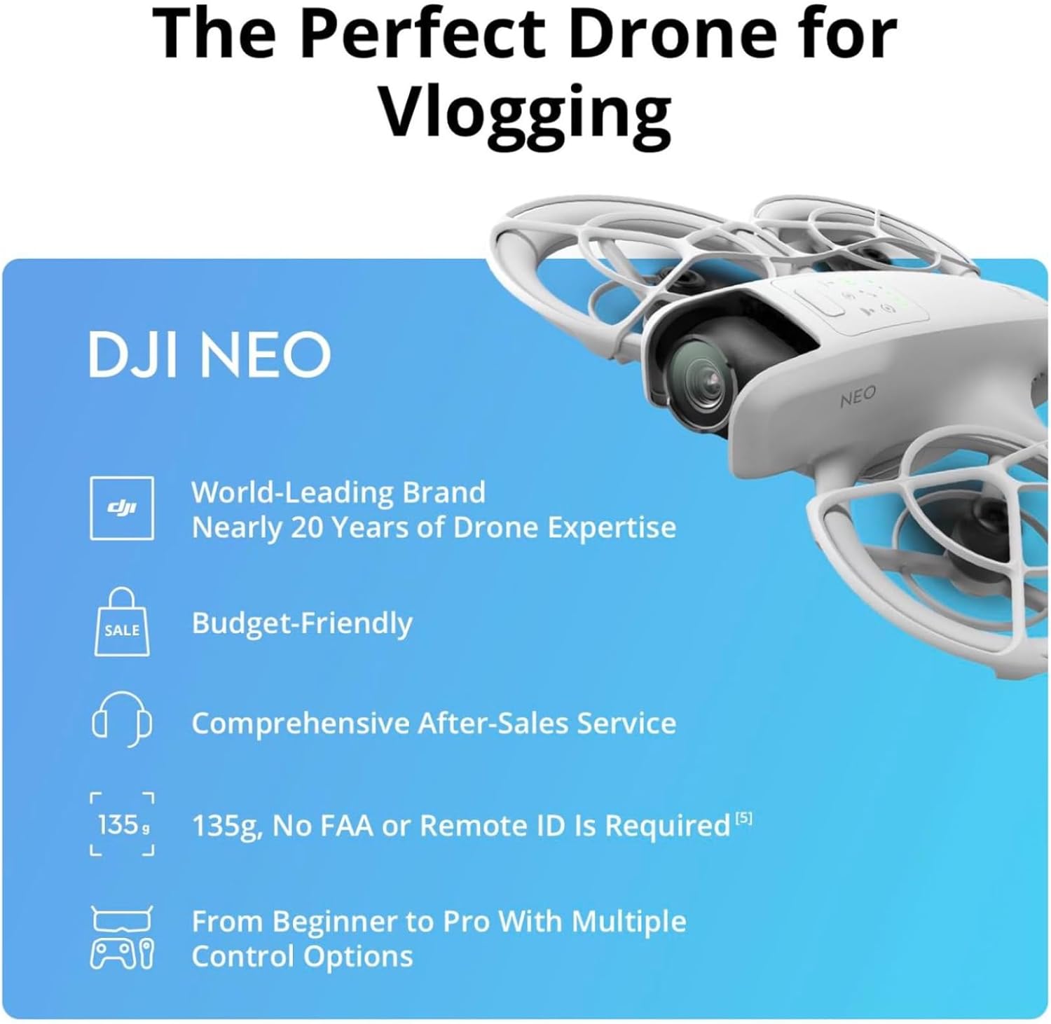 De DJI Neo, Mini Drone met 4K UHD-camera voor volwassenen, een zelf-vliegende drone van 135 g,die u volgt, opstijgen vanaf uw palm, onderwerp volgen, QuickShots (geen controller)