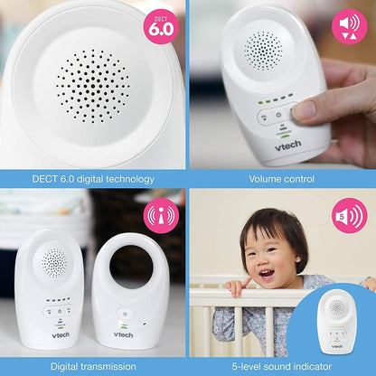 VTech DM1111 Audio Babymonitor, lang bereik tot 460 m, overdrachten in beschermde modus, cystal-clear geluid, oplaadbare batterij, levensduur tot 8 uur, wit