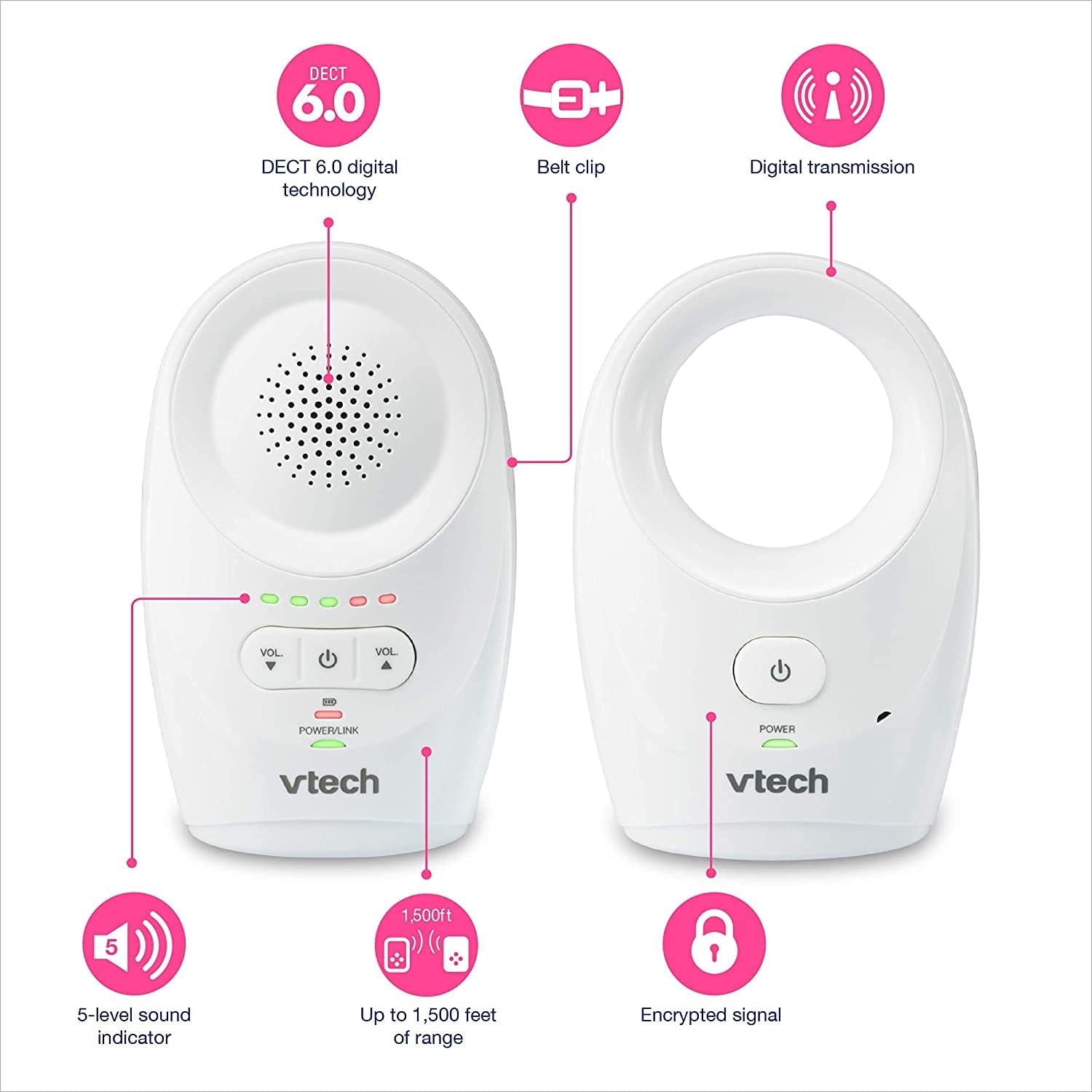 VTech DM1111 Audio Babymonitor, lang bereik tot 460 m, overdrachten in beschermde modus, cystal-clear geluid, oplaadbare batterij, levensduur tot 8 uur, wit