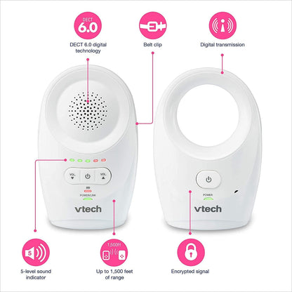 VTech DM1111 Audio Babymonitor, lang bereik tot 460 m, overdrachten in beschermde modus, cystal-clear geluid, oplaadbare batterij, levensduur tot 8 uur, wit