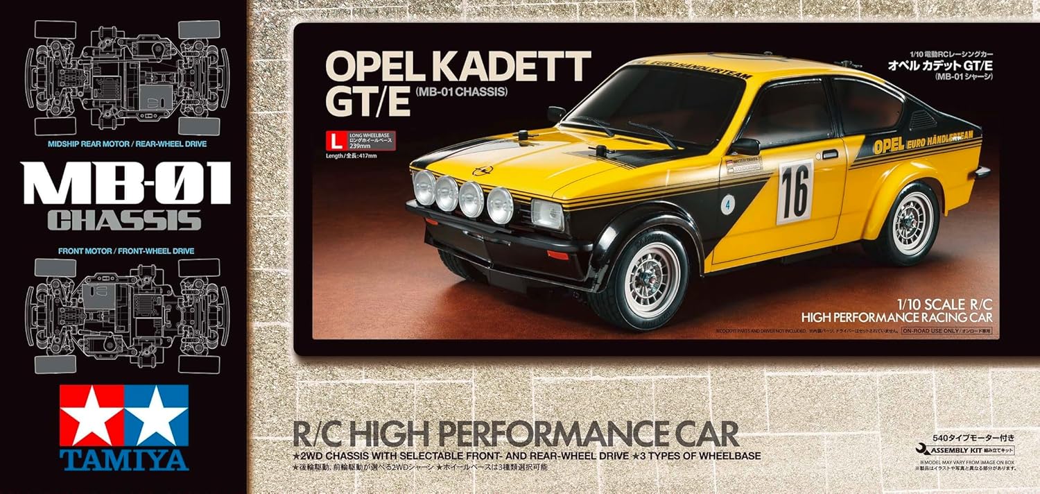 TAMIYA 58729 1:10 RC Opel Kadett GT/E Rallye MB-01 Remote Controlled Car, Vehicle, Model Building, Assembly, Hobby, RC Kit, Unpainted