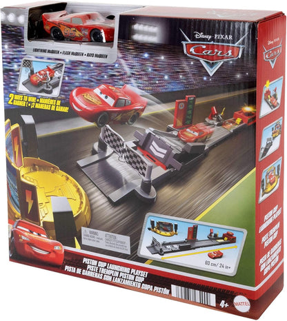 Mattel Disney en Pixar Cars Speelset, Piston Cup Jump en Stunt Startbaan met Bliksem McQueen voertuig, meer dan 50 cm lang, 2 manieren om te spelen, JDJ02