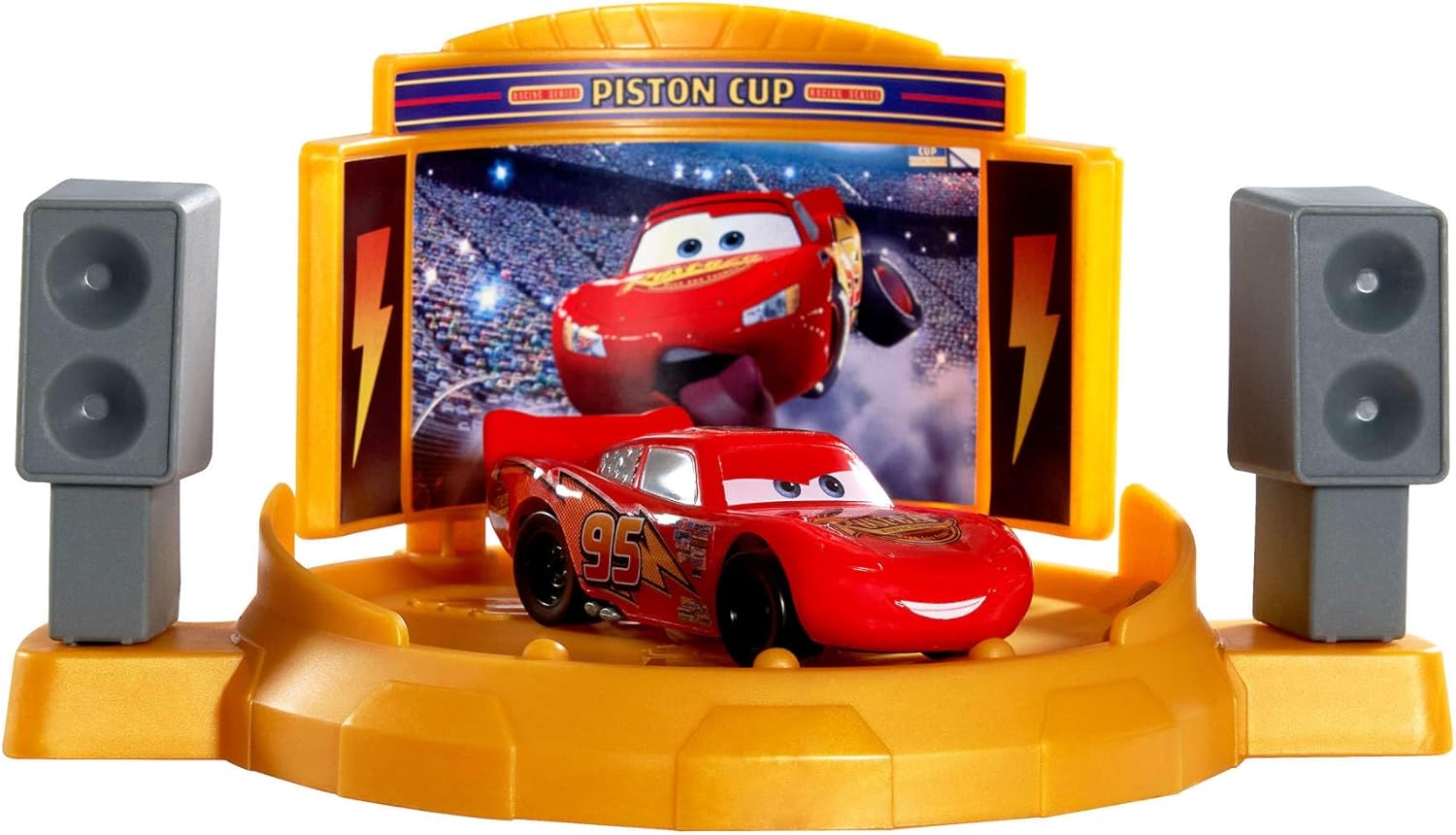 Mattel Disney en Pixar Cars Speelset, Piston Cup Jump en Stunt Startbaan met Bliksem McQueen voertuig, meer dan 50 cm lang, 2 manieren om te spelen, JDJ02
