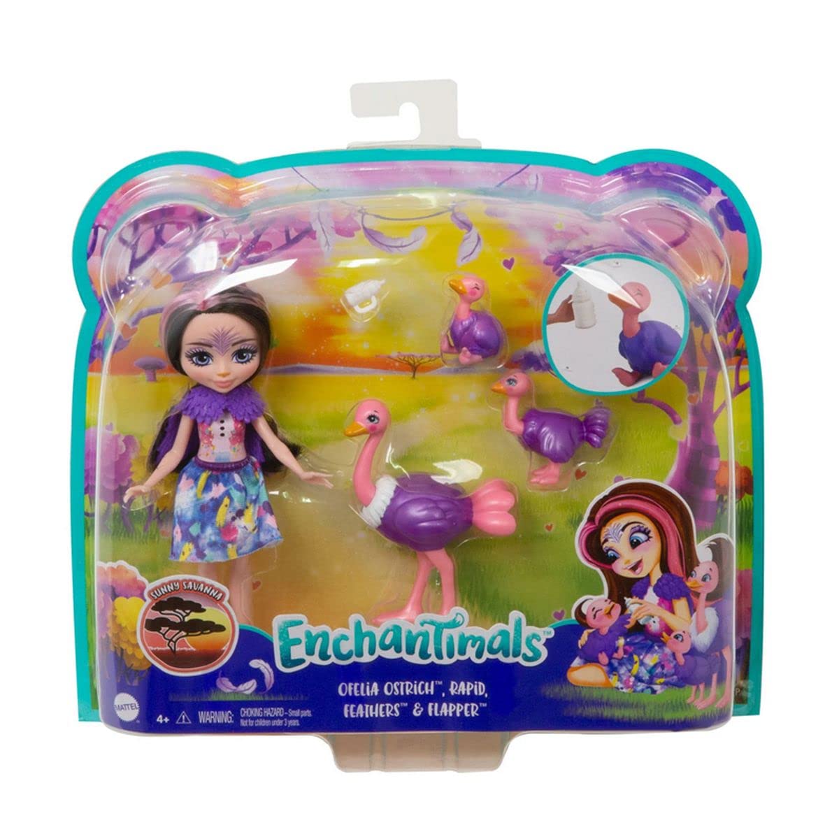 Enchantimals Familiespeelset, Ofelia Struisvogel Pop (15 cm) met 3 dierenfiguurtjes, collectie Zonnige Savanne, geweldig cadeau voor kinderen van 3 tot 8 jaar