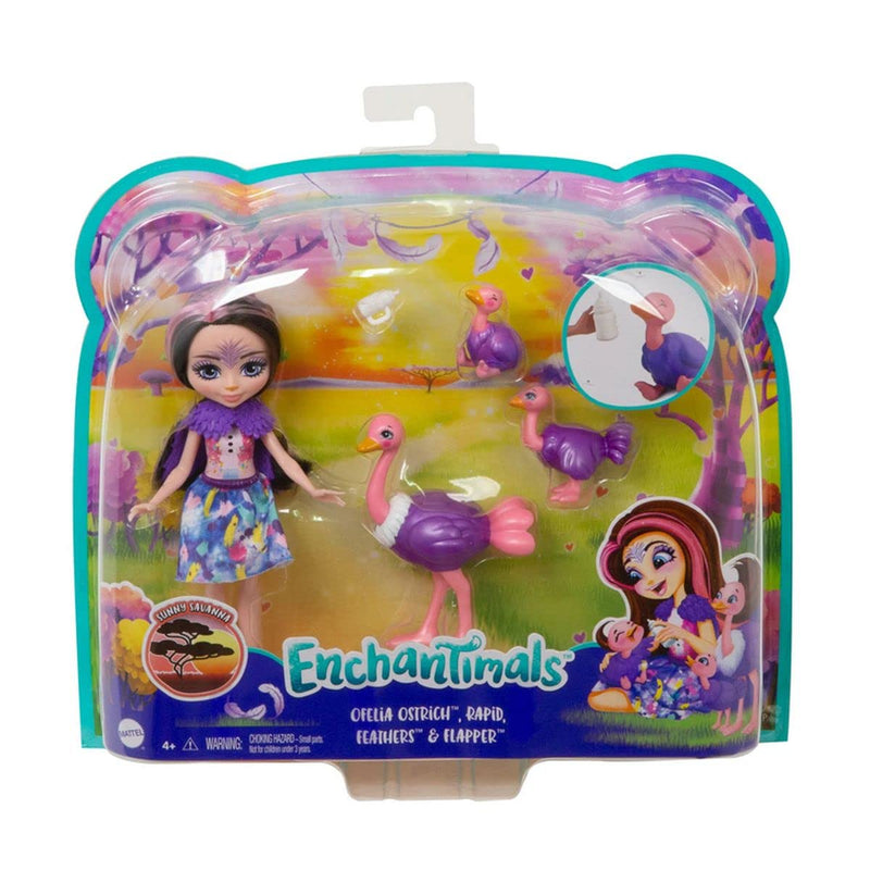Enchantimals Familiespeelset, Ofelia Struisvogel Pop (15 cm) met 3 dierenfiguurtjes, collectie Zonnige Savanne, geweldig cadeau voor kinderen van 3 tot 8 jaar