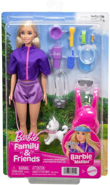 Barbie “Malibu” Outdoor Adventures Fashion Doll Wearing Adventure Outfit, with 10+ Camping-Themed Accessories Including Pet Puppy, JJV59