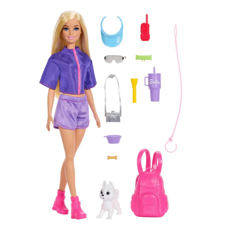 Barbie “Malibu” Outdoor Adventures Fashion Doll Wearing Adventure Outfit, with 10+ Camping-Themed Accessories Including Pet Puppy, JJV59