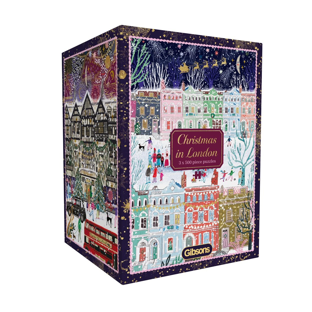 Gibsons Christmas in London 3 x 500 Piece Jigsaw Puzzle Set for Adults – Festive Multi-Box Collection by Emma Frances Grant – Winter in Notting Hill, Shoppers in the Snow & Christmas Market Magic