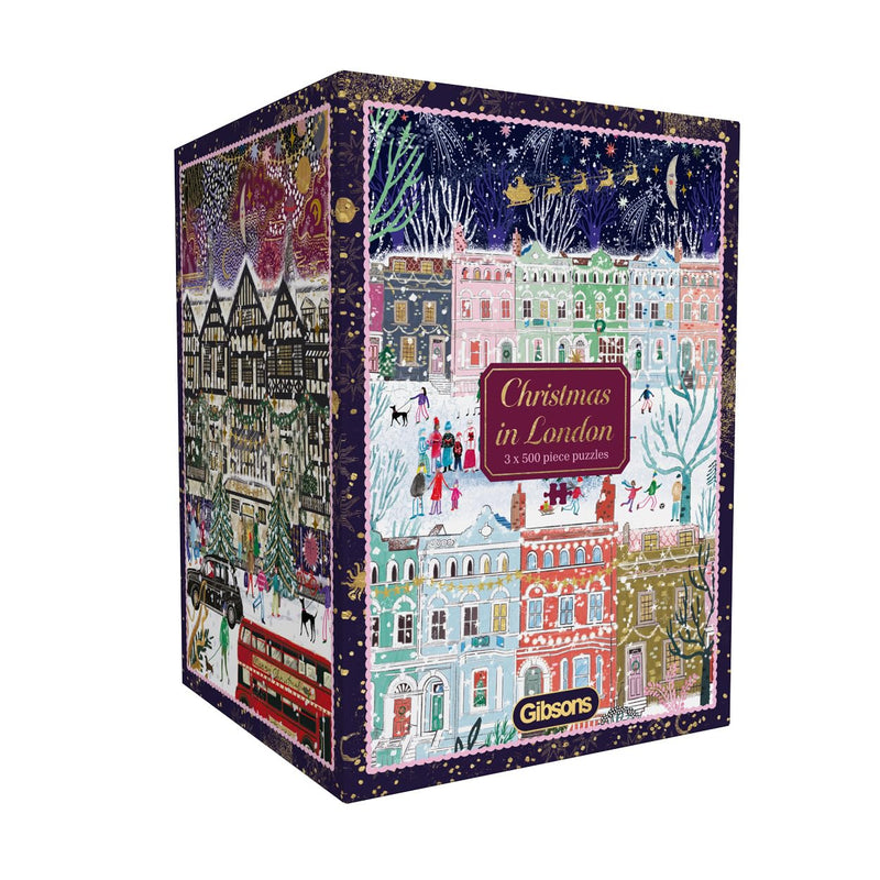 Gibsons Christmas in London 3 x 500 Piece Jigsaw Puzzle Set for Adults – Festive Multi-Box Collection by Emma Frances Grant – Winter in Notting Hill, Shoppers in the Snow & Christmas Market Magic