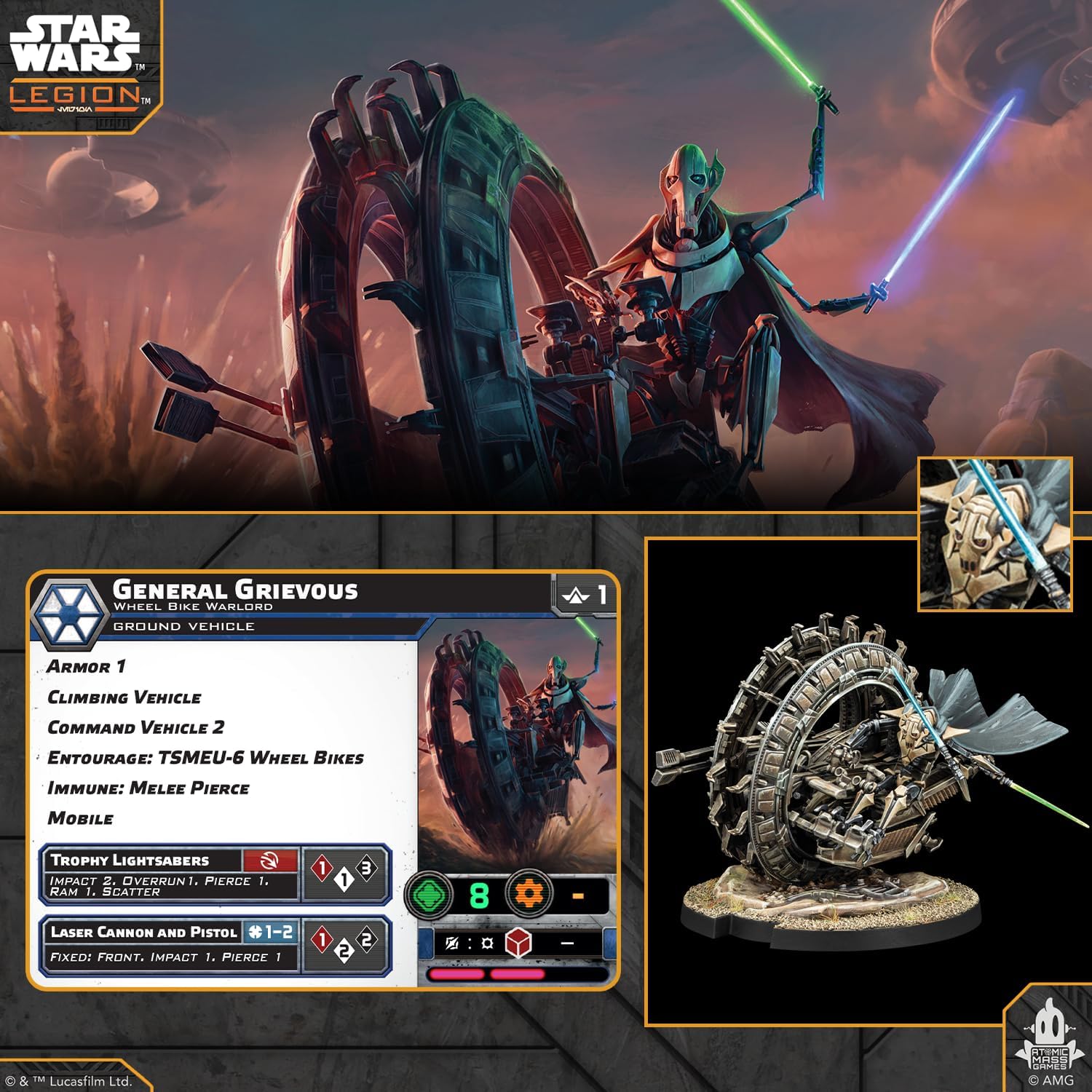 Asmodee | Star Wars: Legion - General Grievous' and TSMEU-6 Wheel Bike | Miniature Board Game | Ages 14+ | 2 Players | 90+ Minutes Playing Time