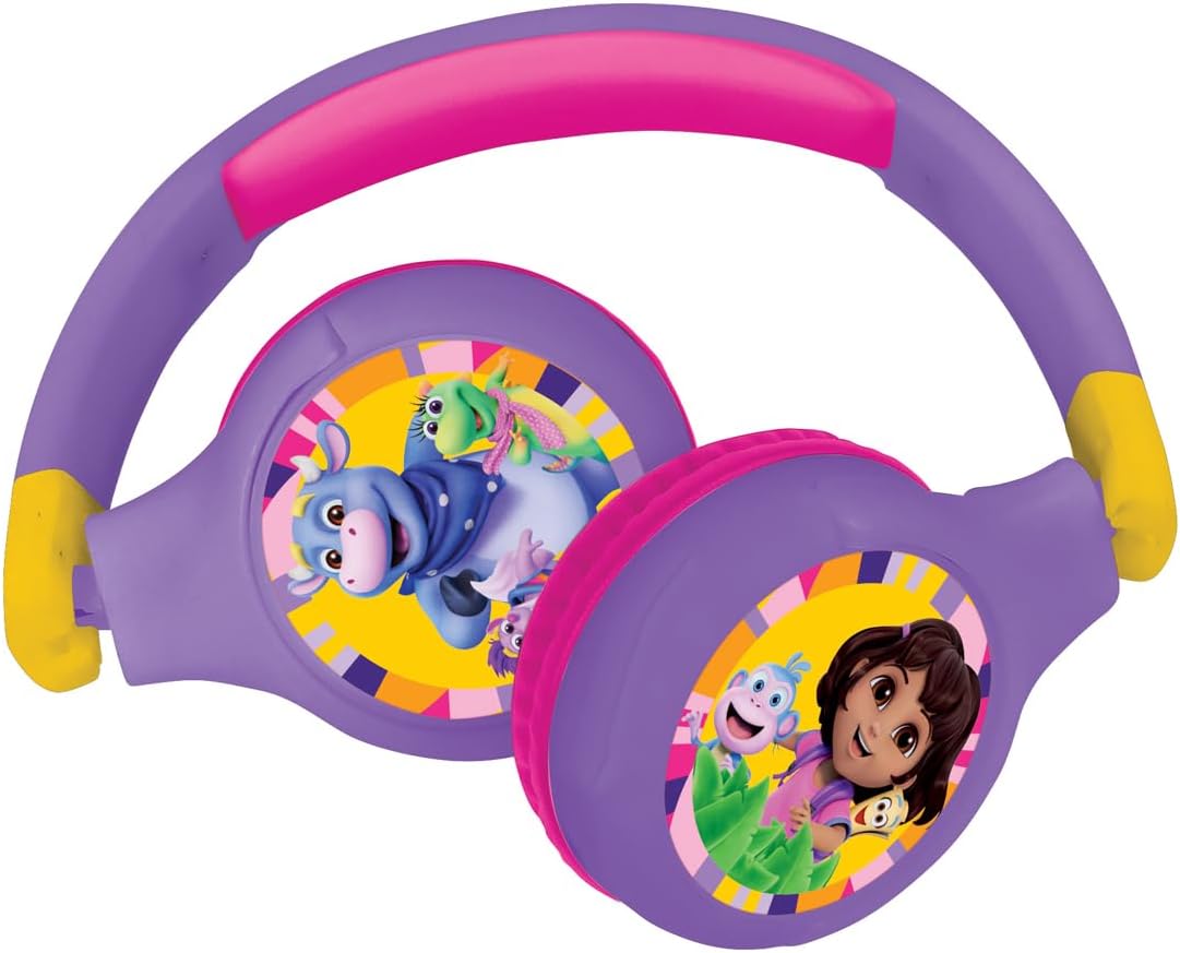 LEXIBOOK, Dora the Explorer, 2-in-1 Bluetooth & Wired Headphones with Microphone and Control Button, Foldable and Adjustable, Long-lasting Rechargeable Battery, HPBT010DOR