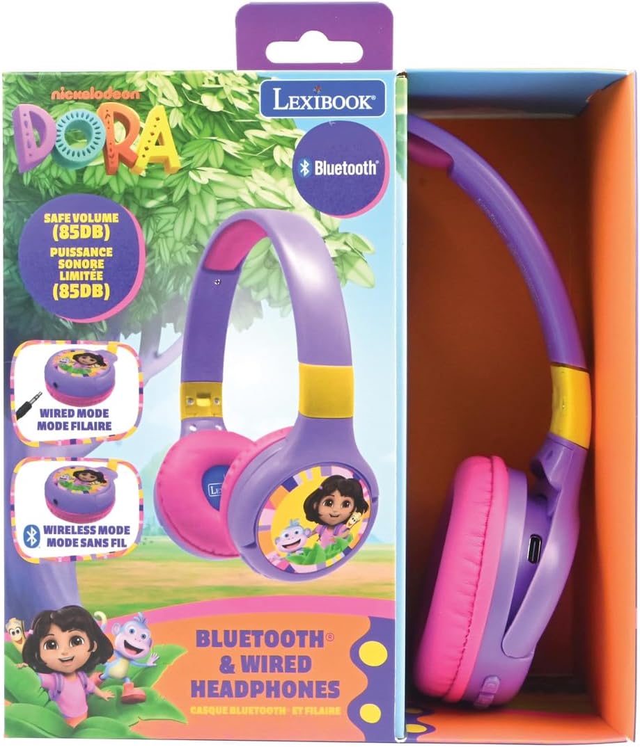 LEXIBOOK, Dora the Explorer, 2-in-1 Bluetooth & Wired Headphones with Microphone and Control Button, Foldable and Adjustable, Long-lasting Rechargeable Battery, HPBT010DOR