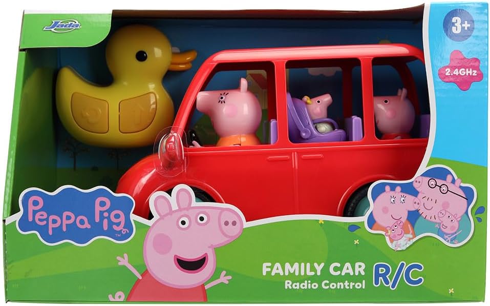 Jada Toys Peppa Pig RC Familienauto (17,5 cm) - ferngesteuertes Spielzeug-Auto für Kinder ab 3 Jahre mit fest verbauten Figuren von Peppa Wutz, Mama und Baby Evie, inklusive Fernbedienung