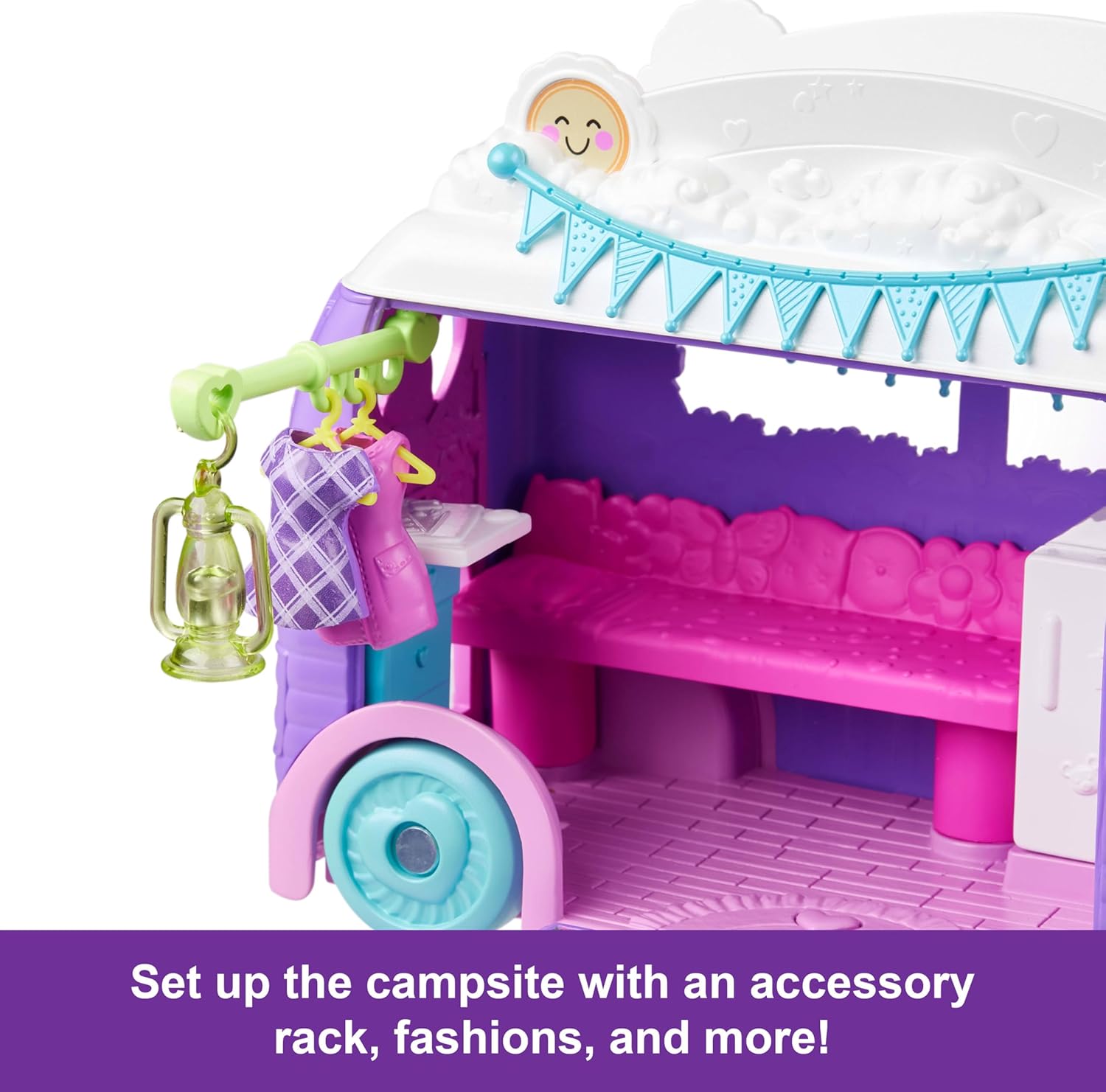 Polly Pocket Doll Pet Play Set Travel Toy with Camping Food Accessories RV Glamping