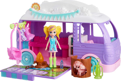 Polly Pocket Doll Pet Play Set Travel Toy with Camping Food Accessories RV Glamping