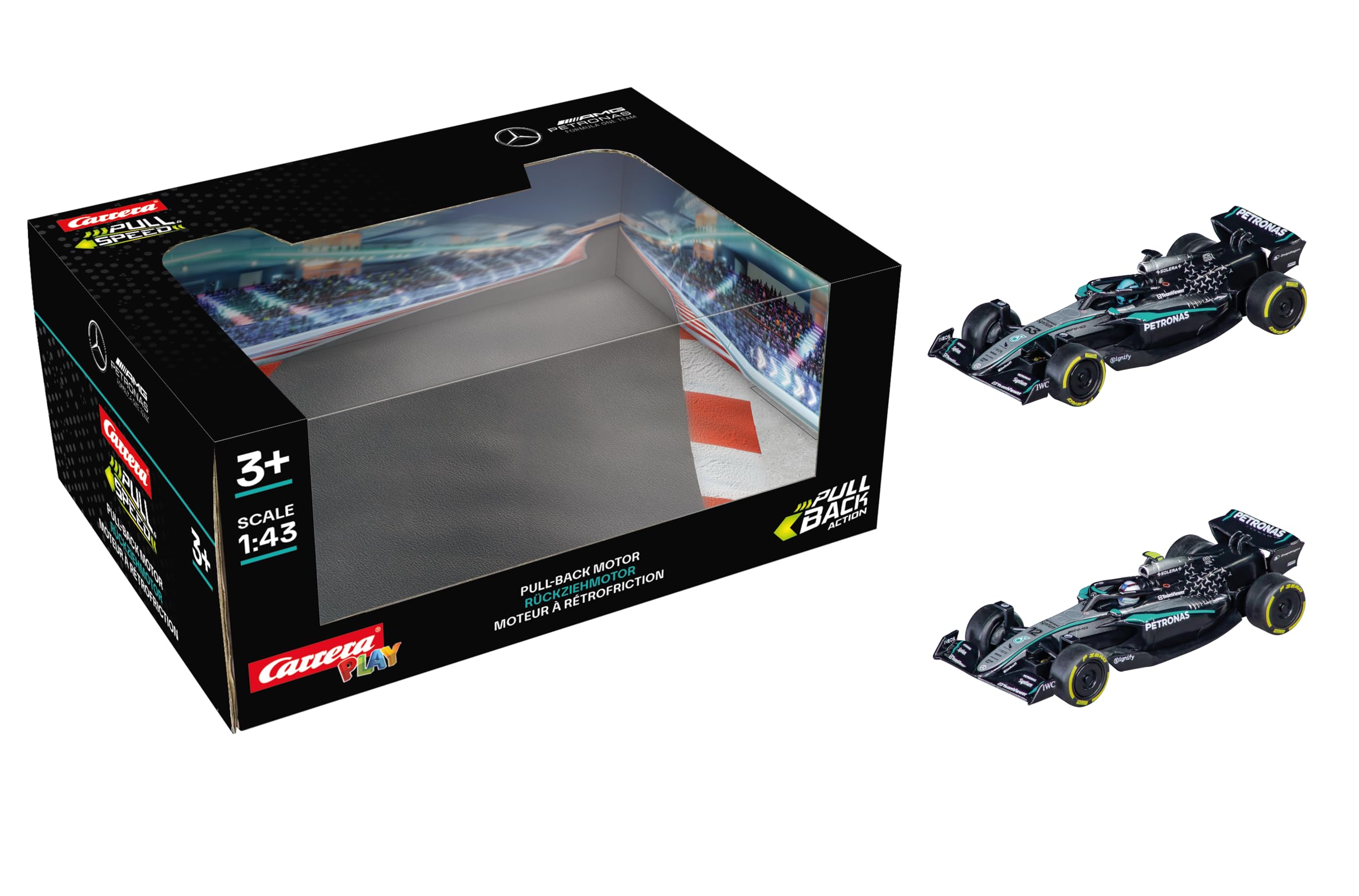 Pull & SPEED Carrera Mercedes-AMG PETRONAS Formula 1 Team - Twinpack 2025 F1 Cars with Pull-Back Motor, Scale 1:43, Includes Mercedes-AMG F1 W16 E Performance G. Russell & K. Antonelli, from 3 Years