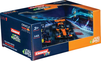 Pull & SPEED Carrera Formula 1 Twinpack 2025 F1 Cars with Pull-Back Motor, Scale 1:43, Includes Oracle Red Bull Racing RB21 M. Verstappen, No.1 & McLaren MCL39 L. Norris, No.4, from 3 Years