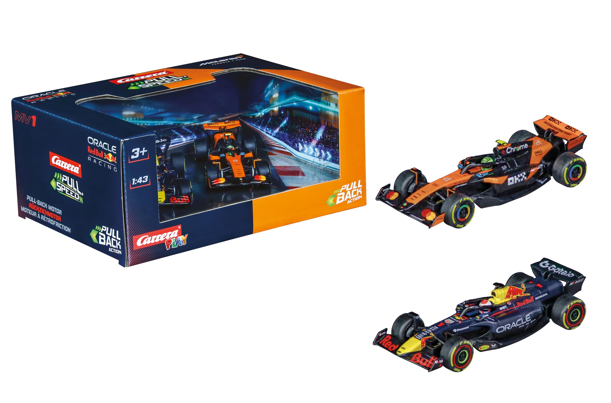 Pull & SPEED Carrera Formula 1 Twinpack 2025 F1 Cars with Pull-Back Motor, Scale 1:43, Includes Oracle Red Bull Racing RB21 M. Verstappen, No.1 & McLaren MCL39 L. Norris, No.4, from 3 Years
