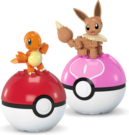 MEGA Pokémon Bouwset voor actiefiguren, Pokéballenset van 2, Charmander en Eevee, 40 onderdelen, speelgoed voor kinderen, JCR81