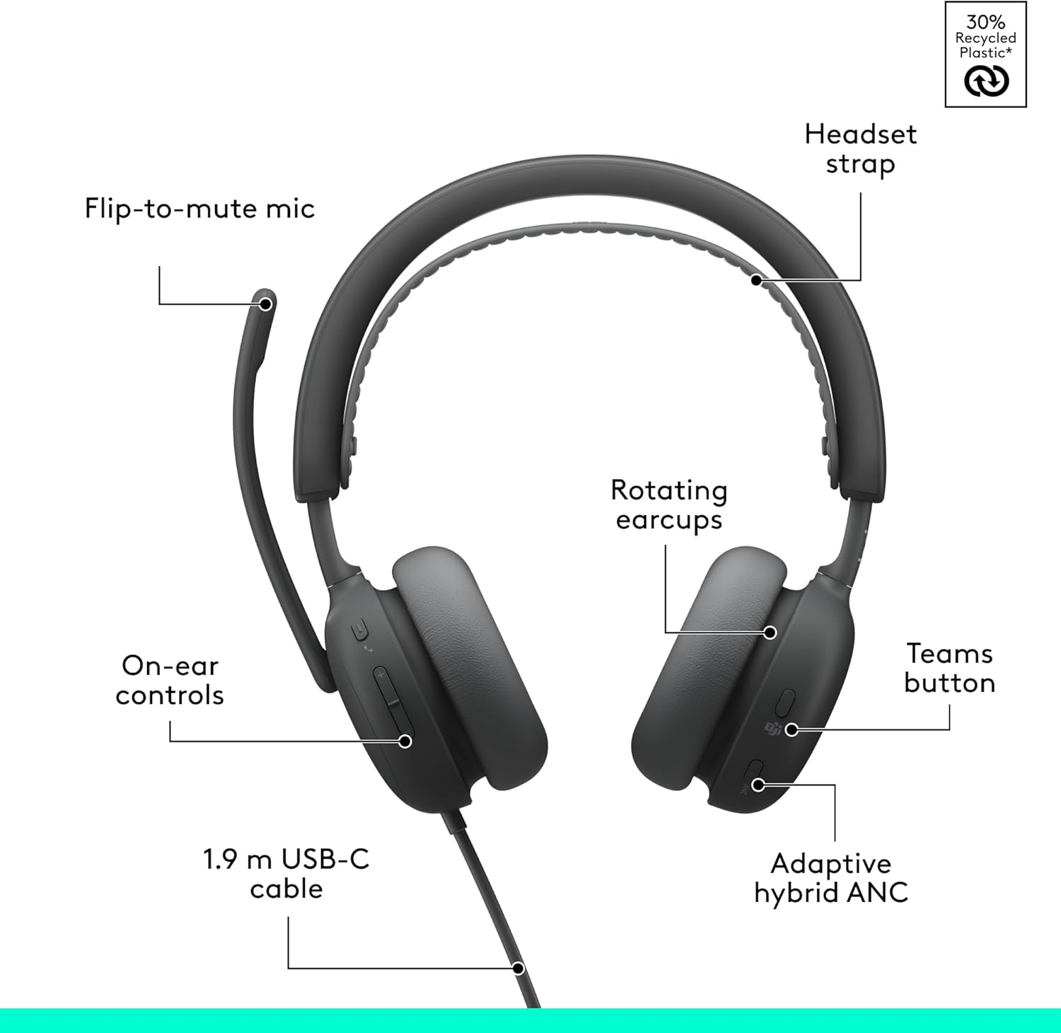 Logitech Zone Wireless 2 ES for Business - Noise-Cancelling Wireless Headset with Adaptive Hybrid ANC, Native Bluetooth, Microsoft Teams Certified - Graphite