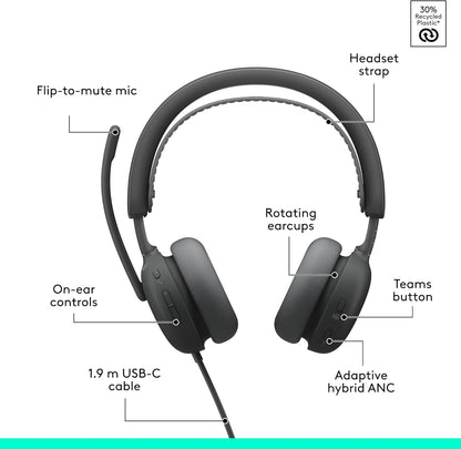 Logitech Zone Wireless 2 ES for Business - Noise-Cancelling Wireless Headset with Adaptive Hybrid ANC, Native Bluetooth, Microsoft Teams Certified - Graphite