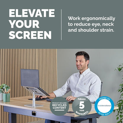 Fellowes Elevador para Portátil Alumia™ – Soporte Ergonómico de Aluminio Ajustable en Altura e Inclinación – Uso en Casa u Oficina – Material Reciclado –