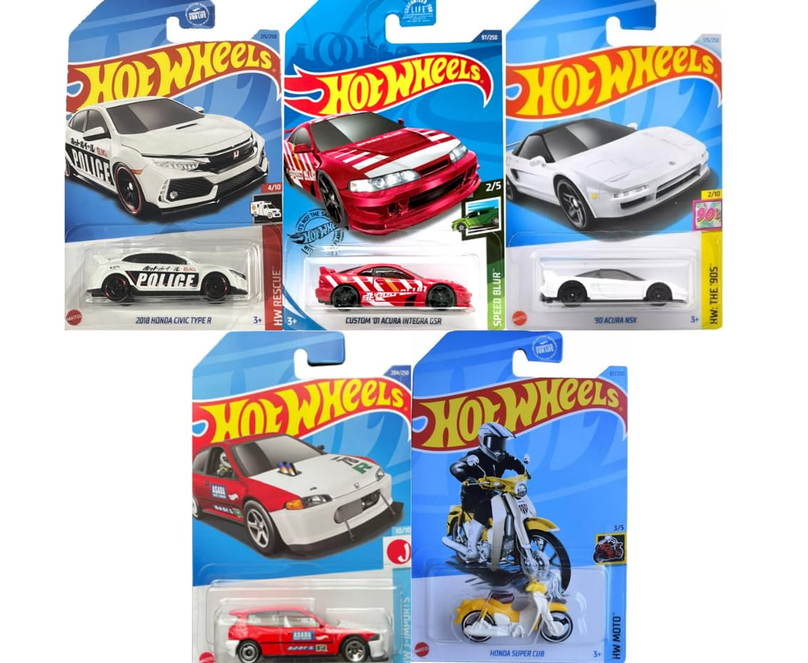 Hot Wheels Honda/Acura Random 5 Pack! Assorted Variety Mystery Bundle (No Duplicates!)  1:64 Scale Diecast Toy Vehicles