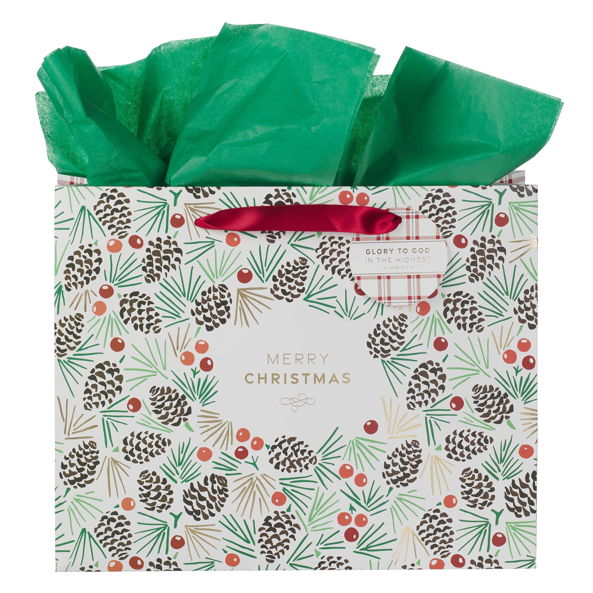 Christian Art Gifts Large Landscape Inspirational Scripture Gift Bag, Tag & Wrapping Tissue Paper Set for Men & Women: Merry Christmas, Cute Sturdy Satin Ribbon Handles, White Multicolor Plaid