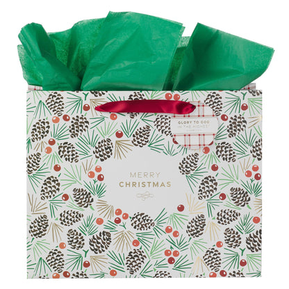 Christian Art Gifts Large Landscape Inspirational Scripture Gift Bag, Tag & Wrapping Tissue Paper Set for Men & Women: Merry Christmas, Cute Sturdy Satin Ribbon Handles, White Multicolor Plaid