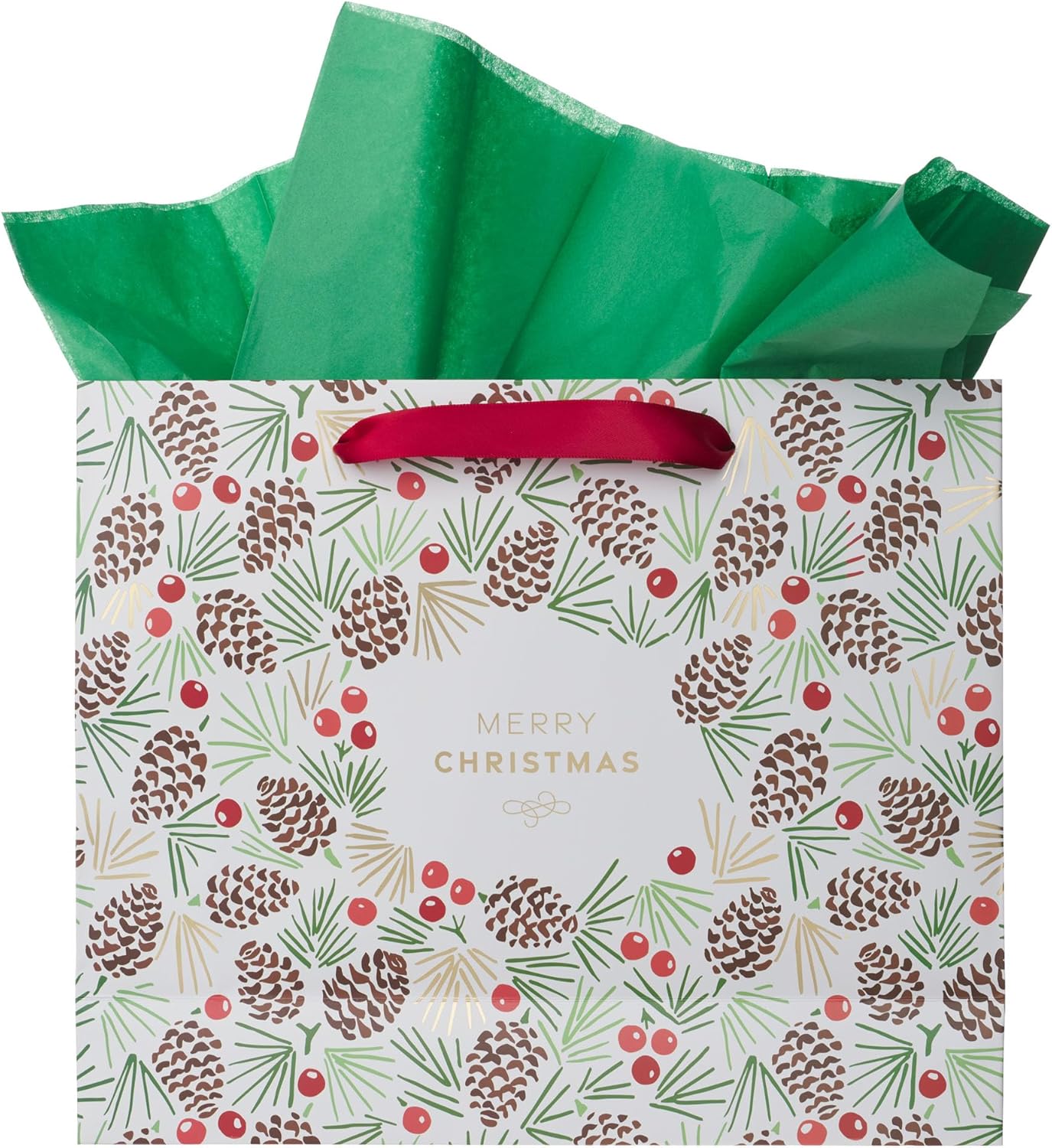 Christian Art Gifts Large Landscape Inspirational Scripture Gift Bag, Tag & Wrapping Tissue Paper Set for Men & Women: Merry Christmas, Cute Sturdy Satin Ribbon Handles, White Multicolor Plaid