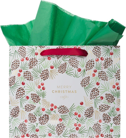 Christian Art Gifts Large Landscape Inspirational Scripture Gift Bag, Tag & Wrapping Tissue Paper Set for Men & Women: Merry Christmas, Cute Sturdy Satin Ribbon Handles, White Multicolor Plaid