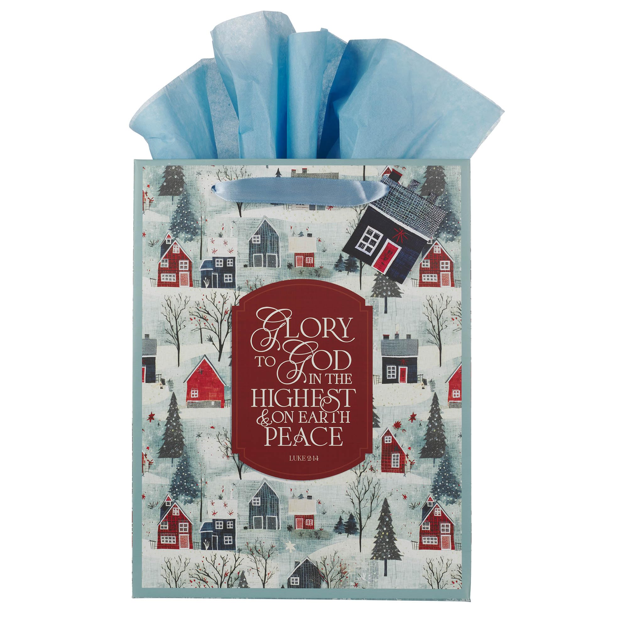 Christian Art Gifts Large Portrait Inspirational Christmas Gift Bag, Tag & Wrapping Tissue Paper Set for Men & Women: Glory to God, Sturdy Satin Ribbon Handles, Festive Red