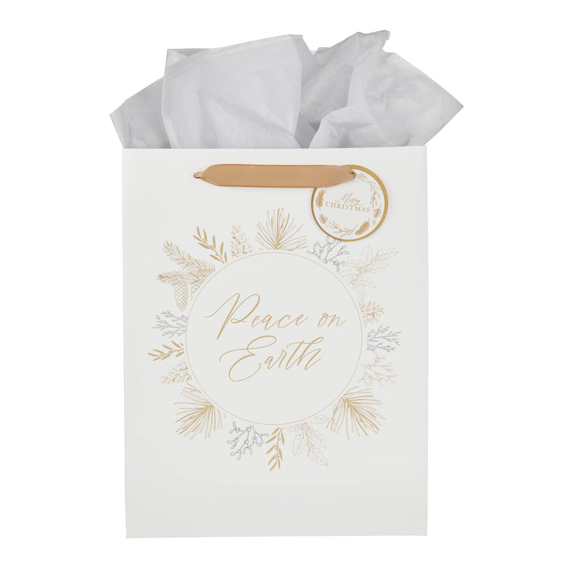 Christian Art Gifts Large Portrait Inspirational Christmas Gift Bag, Tag & Wrapping Tissue Paper Set for Men & Women: Peace on Earth, Sturdy Satin Ribbon Handles, Festive White