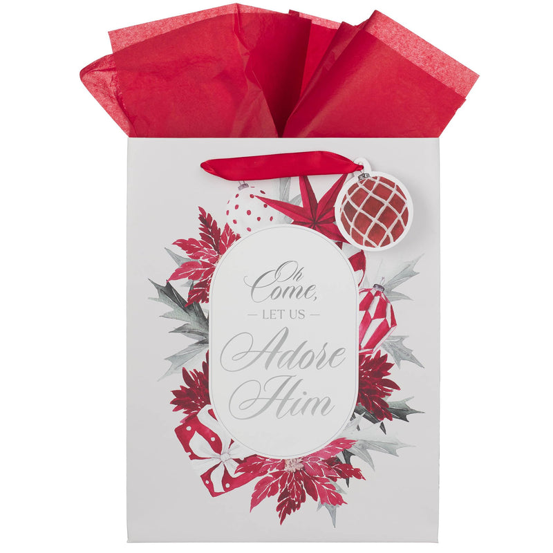 Christian Art Gifts Large Portrait Inspirational Christmas Gift Bag, Tag & Wrapping Tissue Paper Set for Men & Women: Christmas Time Theme, Sturdy Satin Ribbon Handles, Festive Red