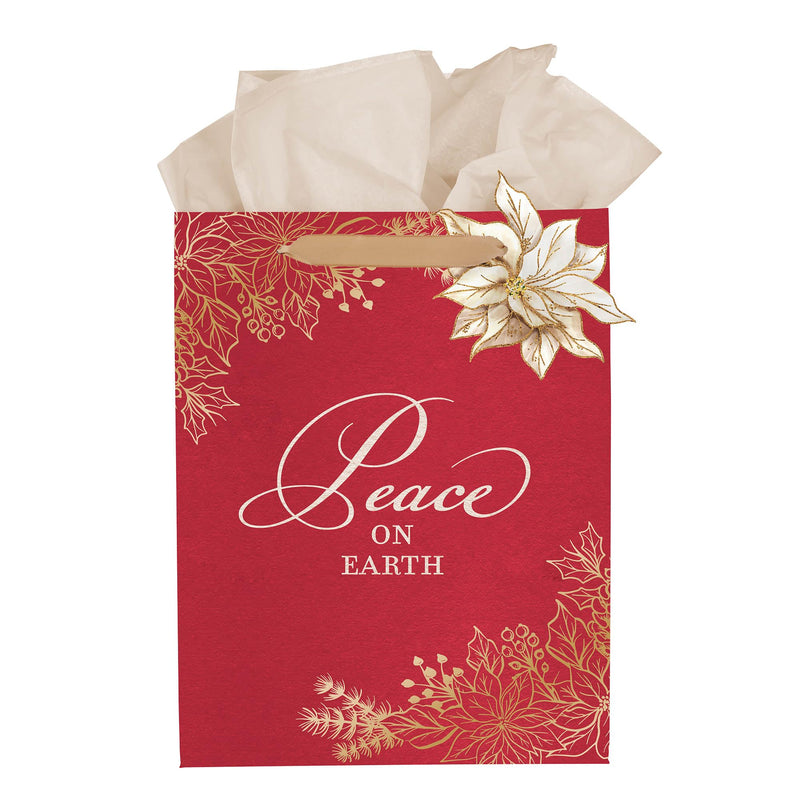 Christian Art Gifts Medium Portrait Inspirational Christmas Gift Bag, Tag & Wrapping Tissue Paper Set for Men & Women: Peace on Earth, Sturdy Satin Ribbon Handles, Festive Red