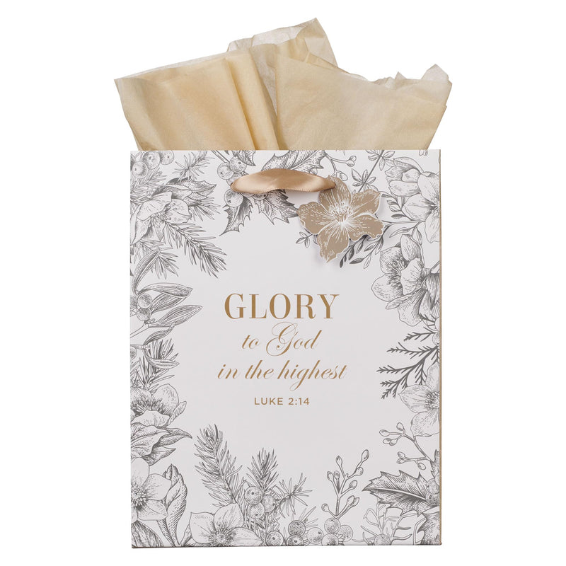 Christian Art Gifts Medium Portrait Inspirational Christmas Gift Bag, Tag & Wrapping Tissue Paper Set for Men & Women: Glory to God, Sturdy Satin Ribbon Handles, Festive White
