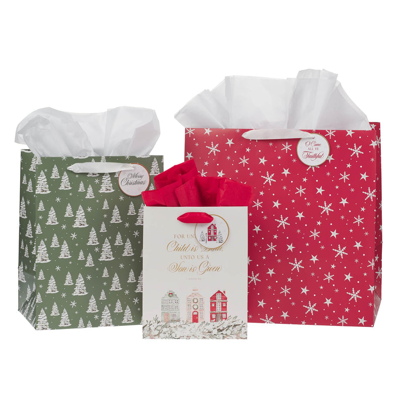 Christian Art Gifts Three Piece Inspirational Christmas Gift Bag, Tag & Wrapping Tissue Paper Set for Men & Women: Home for Christmas, Multicolor Red, Green & White