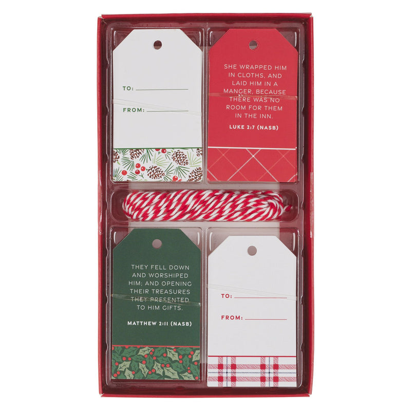 Christian Art Gifts Inspirational Christmas Paper Gift Tag Set with Scripture: Multicolor Red/Green/White Festive Holiday Holly & Pine Tree Themes, Cute Easy-Tie Candy Cane Colored String, Pack of 16